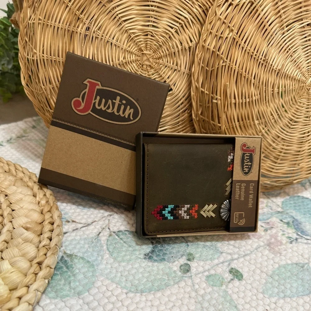 New Justin Boots Genuine Leather Card Wallet Tribal Western Colorful Embroidery